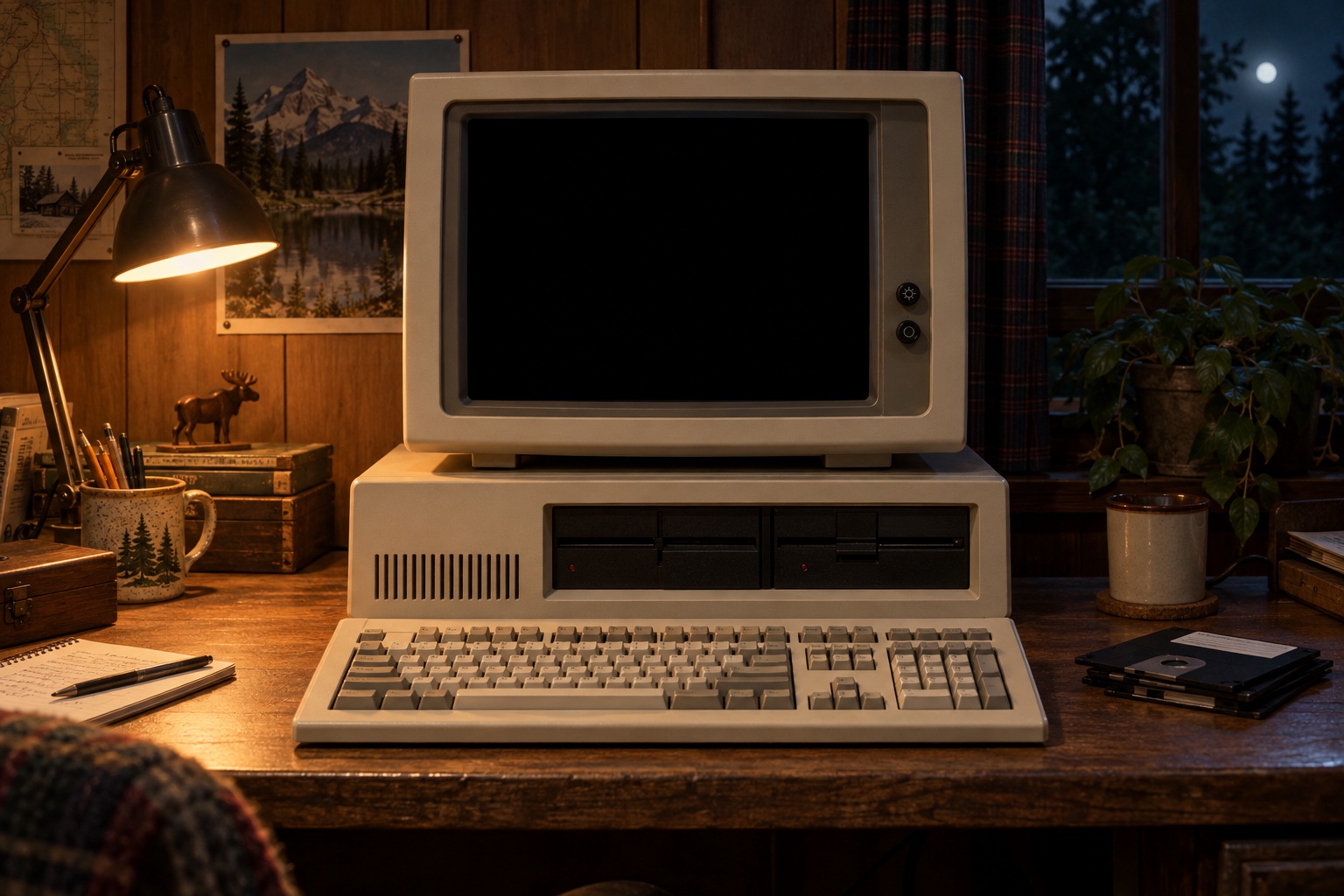 A beige computer waiting on a wooden desk beneath a brass lamp