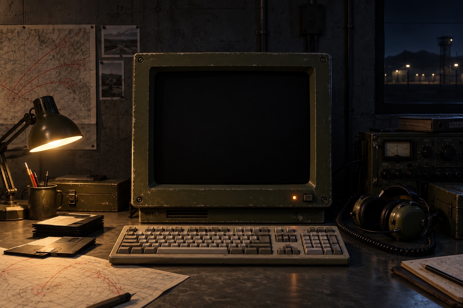 An olive military CRT at a worn midnight weapons workstation